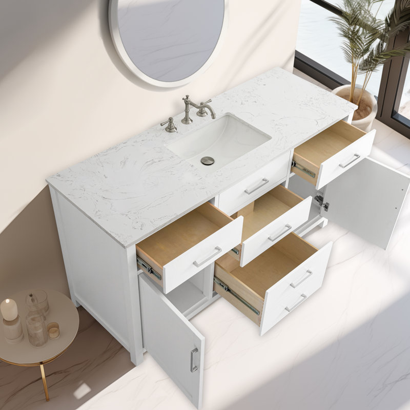Tremolo 60" Single Bathroom Vanity With Engineered Marble Top, White, Polished Nickel