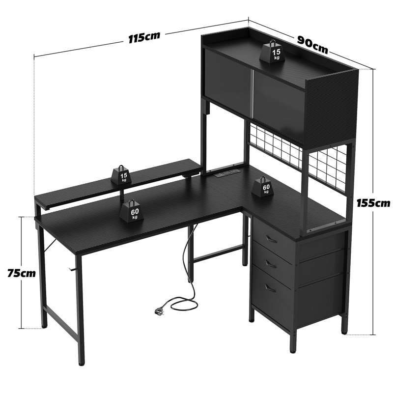 L-Shaped Metal Base Computer Desk, Black