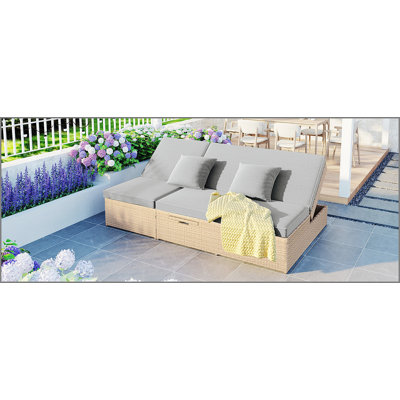 Outdoor Double Sunbed, Wicker Rattan Patio Reclining Chairs with Adjustable Backrest and Seat, Conversational Set for 2 Person, Brown