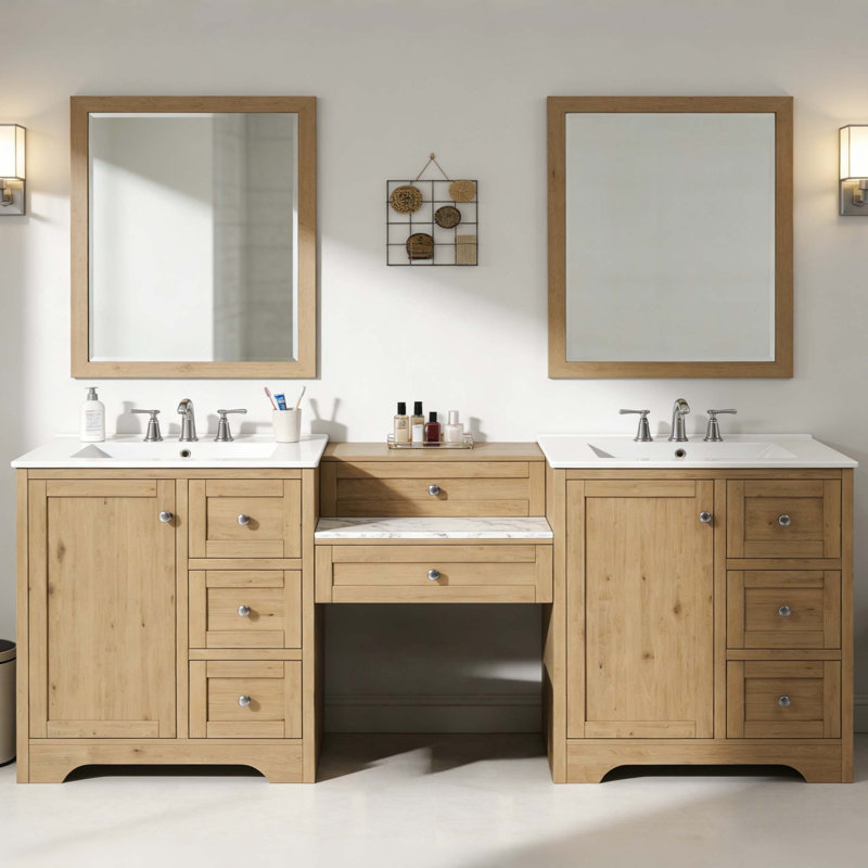 Meuble-lavabo moderne à double cuve avec comptoir en pierre d'ingénierie et rangement à fermeture en douceur, Wood