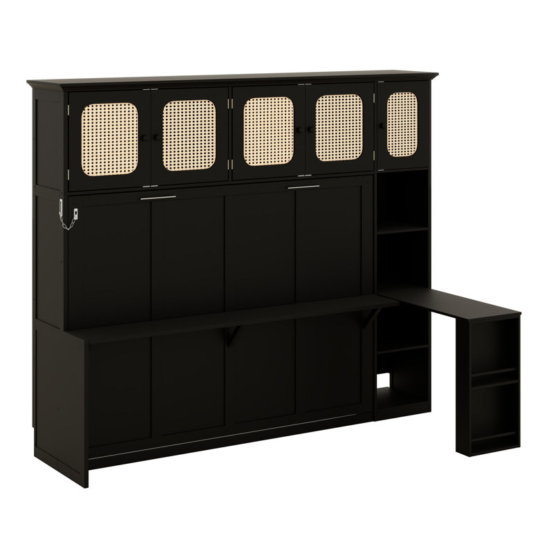 Lit escamotable multifonctionnel avec bureau et armoires en rotin pour un bureau à domicile compact, Noir