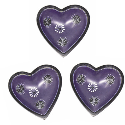 Petits bols en forme de cœur en pierre de savon avec motifs, ensemble de 3, mauve foncé