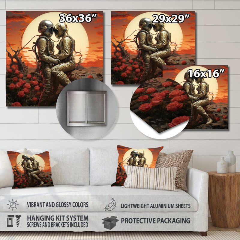 «Last Survivors Full Moon Astronauts Red Flower - Couple», reproduction d'art murale, Métal métal, H 16 po x l 16 po x P 1 po