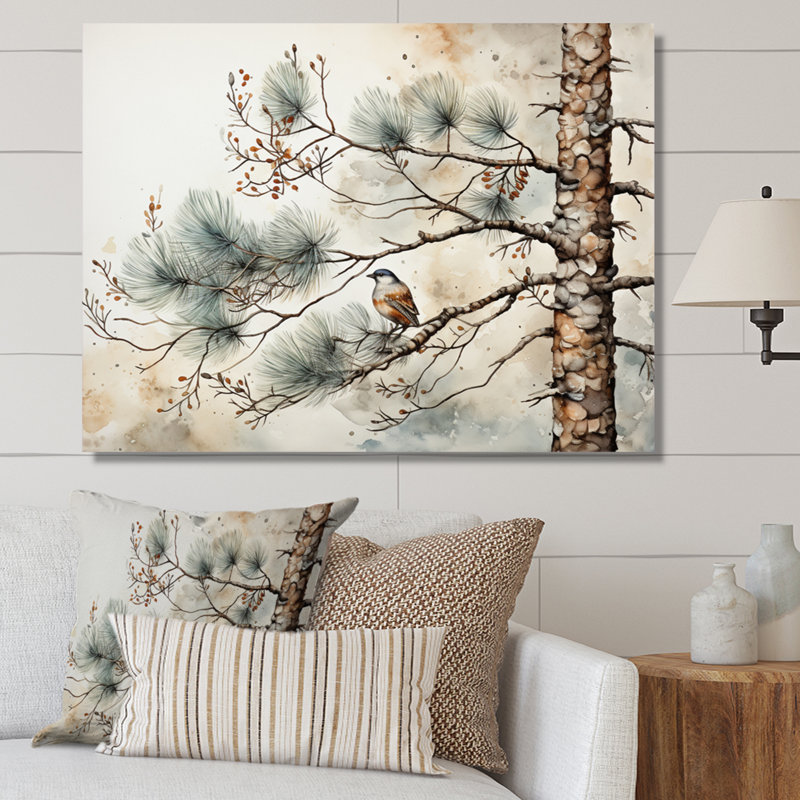 Décoration murale oiseau sur pin II, H 30 po x l 40 po x P 1,5 po, Toile tendue