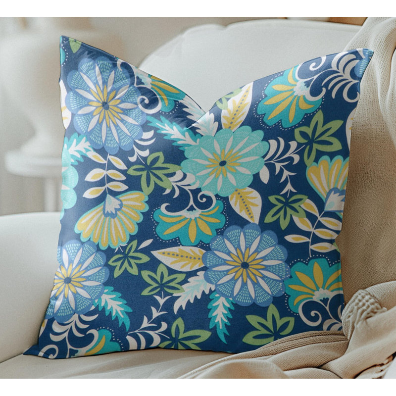 Housse de coussin d'extérieur à imprimé floral turquoise