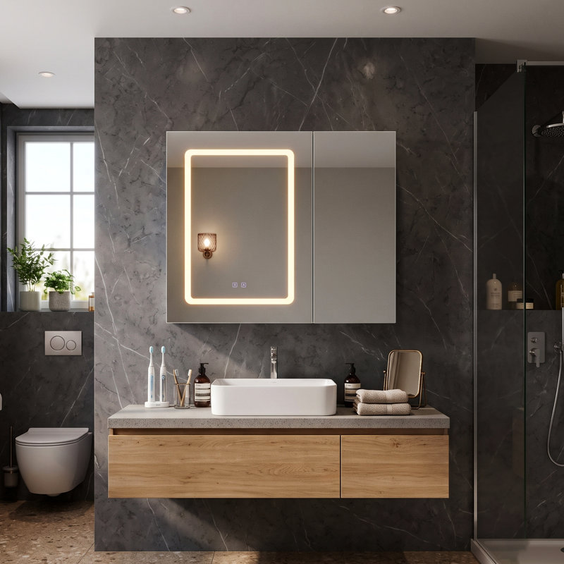 70cm W 2 Door Bathroom Mirror Cabinet with Double Sided Mirror Door & LED Lights, Wall Mounted Illuminated Medicine Cabinet with Demister Pad, White, 70x13.5x60cm