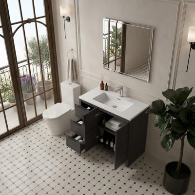 Meuble-lavabo simple autoportant de 91 cm (36 po) avec comptoir en résine blanche brillante, armoire à 2 portes et 3 tiroirs en chêne blanchi, design moderne pour petites salles de bain, hôtels, chambres d'hôtes et propriétés privées.
