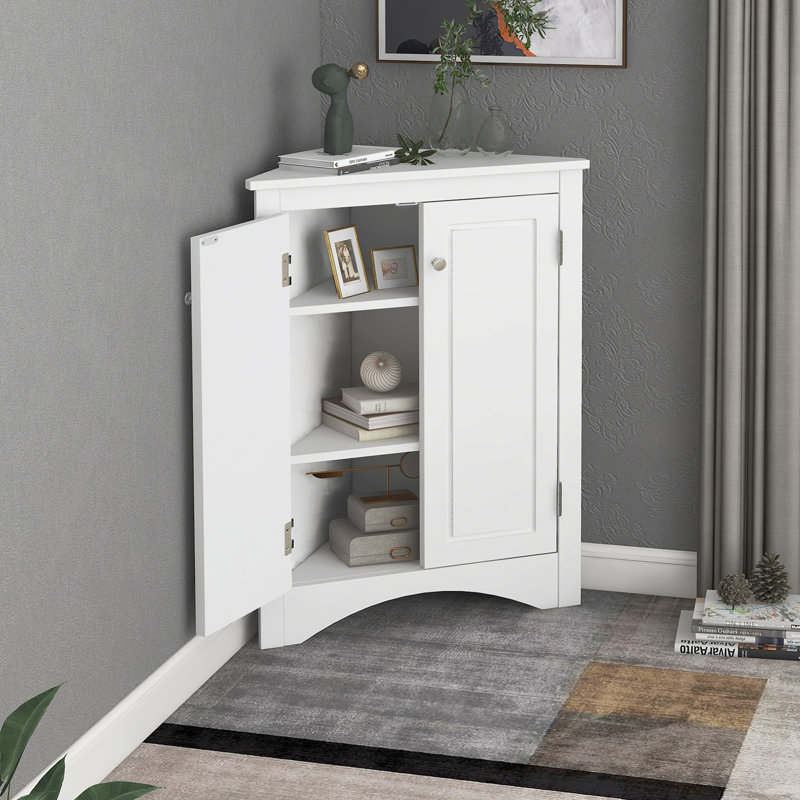 White Triangle Bathroom Storage Cabinet With Adjustable Shelves, Freestanding Floor Cabinet