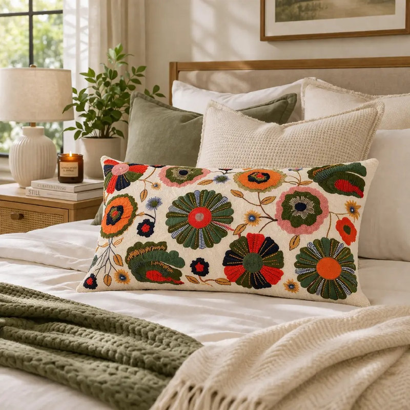 Coussin lombaire en coton brodé à la main avec insert en polyester, coussin décoratif décoratif pour canapé-lit Aari