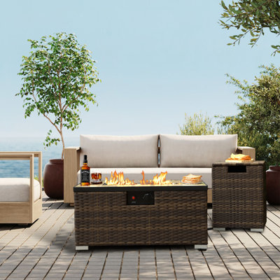 32” Rattan Wicker Propane Fire Pit, 40000BTU Gas Fire Pits with Glass Rocks, Tank Cover Table, Removable Lid, Rain Cover