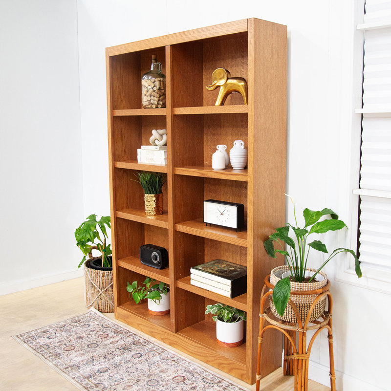 Patro Double Wide Solid Wood Veneer Bookcase, 10 Shelf, 72 inch Tall, Dry Oak