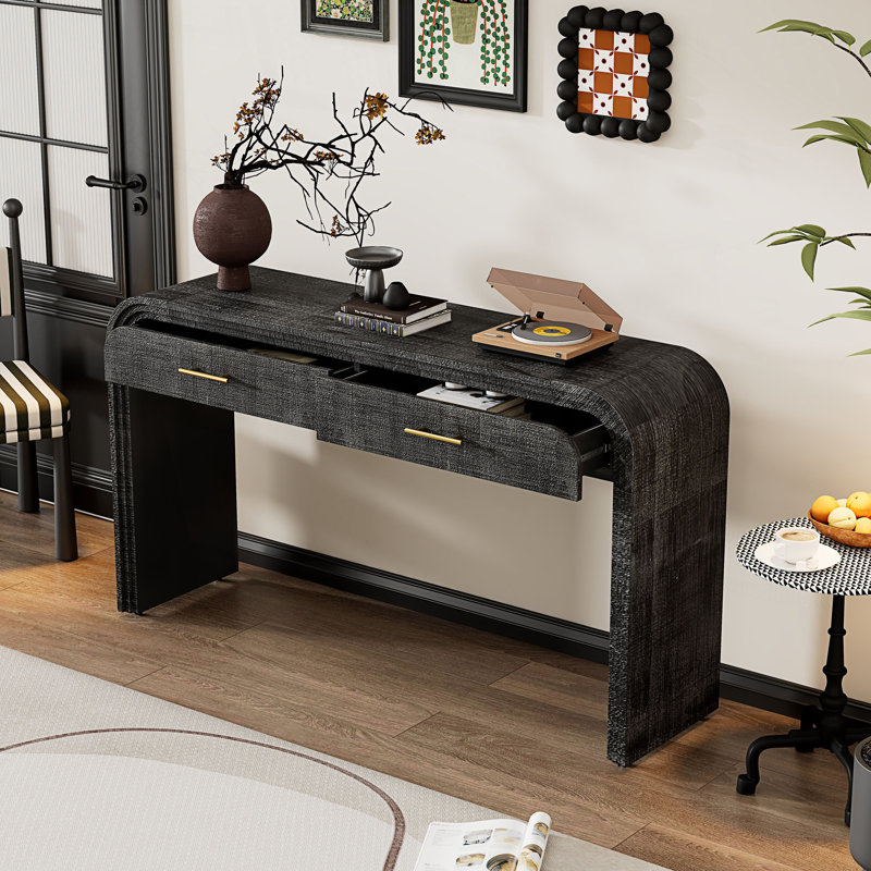 Console unique de style ouvert avec deux tiroirs supérieurs, table de couloir, Noir antique