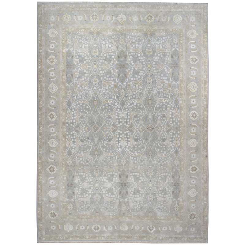 Tapis noué à la main gris et bleu unique de 9 pi 11 po x 14 pi 1 po