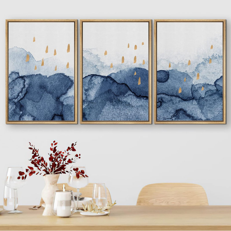 " Blue Yellow Watercolor Landscape Shape Abstract Illustration Modern Decor Relax Calm Chic " 3 - Pieces, Naturel