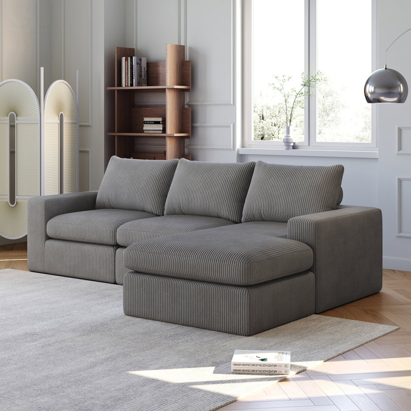 99-Inch Boneless L-Shaped Sectional Sofa With Chaise, Three Pillows, And Corduroy Upholstery For Living Room And Bedroom, No Assembly Required