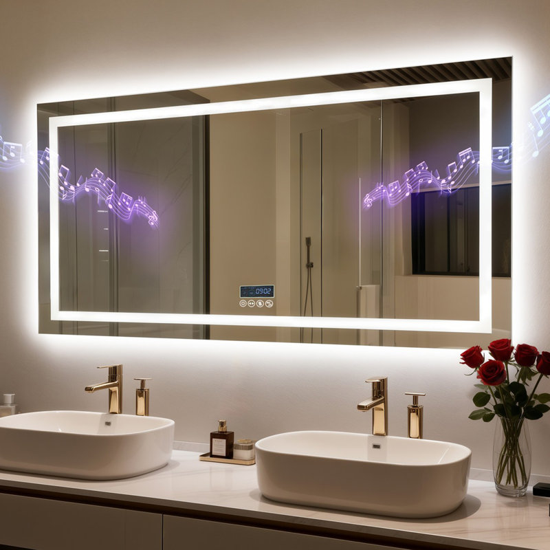 Miroir de salle de bain DEL 71 x 120 cm avec éclairage, haut-parleur Bluetooth, affichage intelligent de l'heure et de la date, traitement antibuée et miroir de coiffeuse à intensité variable (3 couleurs).