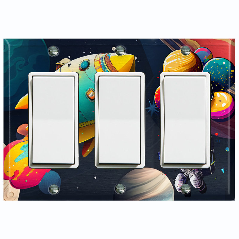 Metal Light Switch Plate Outlet Cover (Colourful Animated Astronaut Space Ship - Triple Rocker)