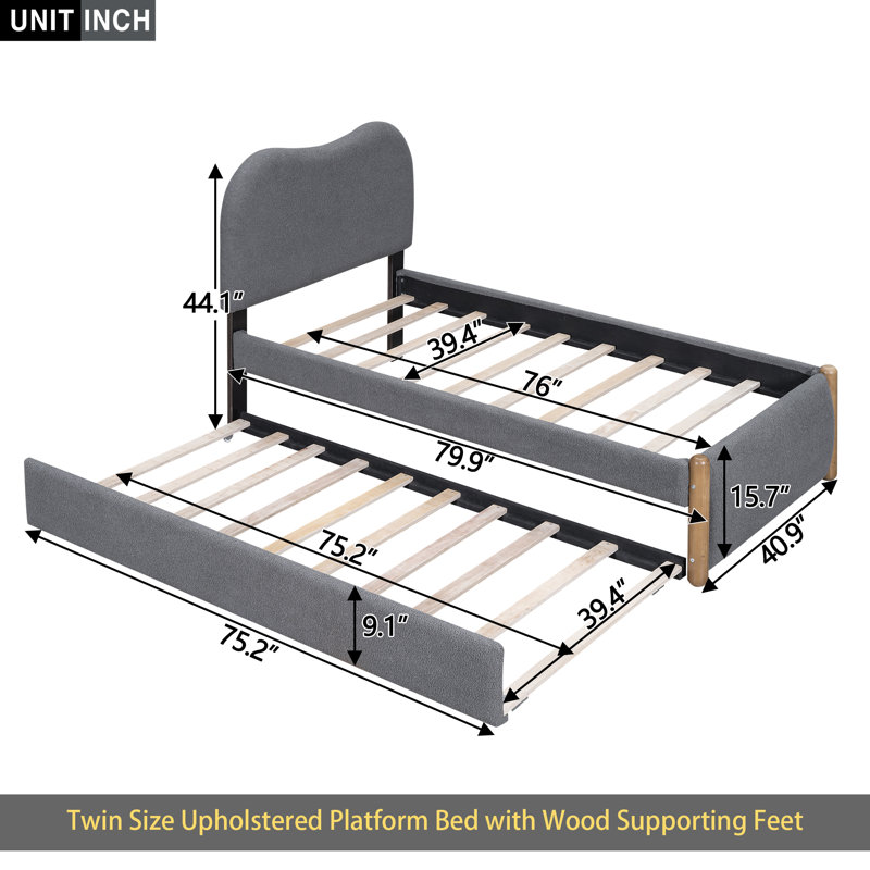 Lit plateforme tapissier avec pieds de support en bois et lit gigogne simple, Simple, Gris