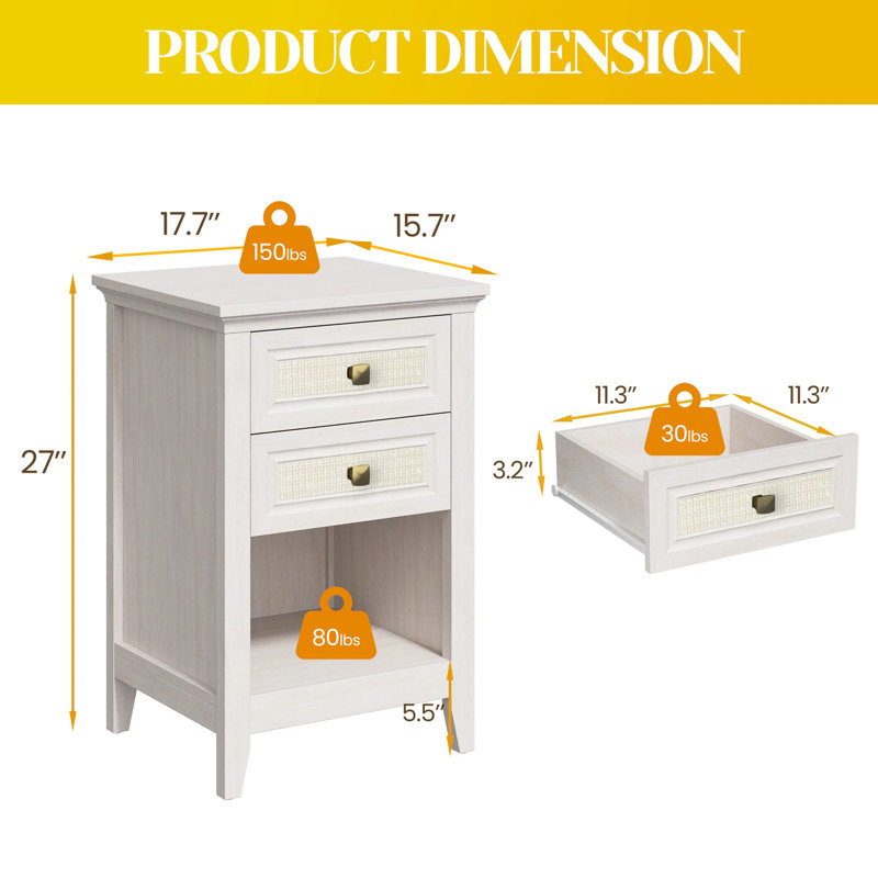 Ensemble de table de chevet en rotin Boho avec tiroirs et tablette de rangement ouverte