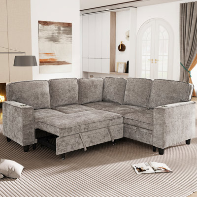 Canapé d'angle en L marron 5 places, lit gigogne, rangement et port USB-C, idéal pour se détendre et recevoir à la maison.