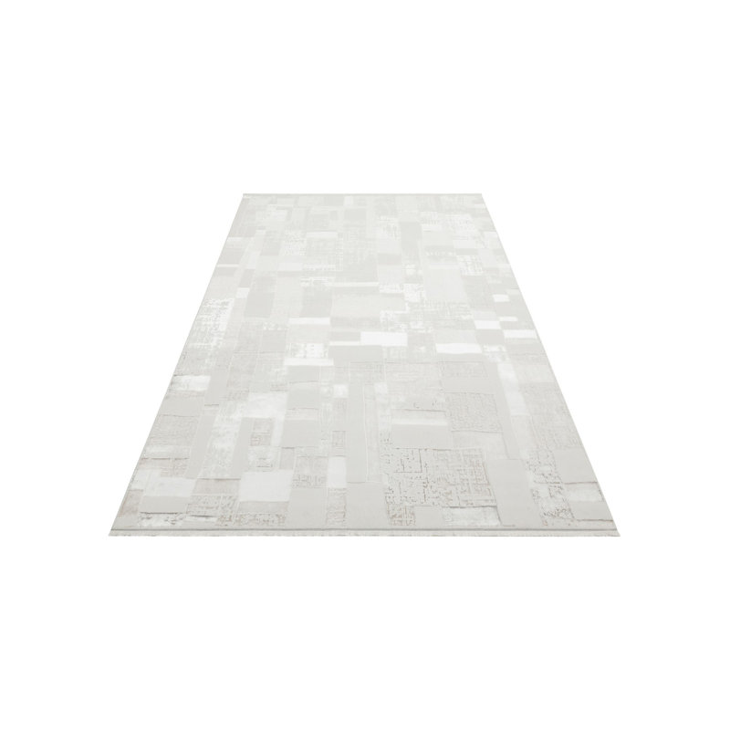 Tapis gris / blanc en polyester tissé à la machine 6 pi 7 po x 9 pi 6 po, Rectangle 2 pi 7 po x 4 pi 11 po