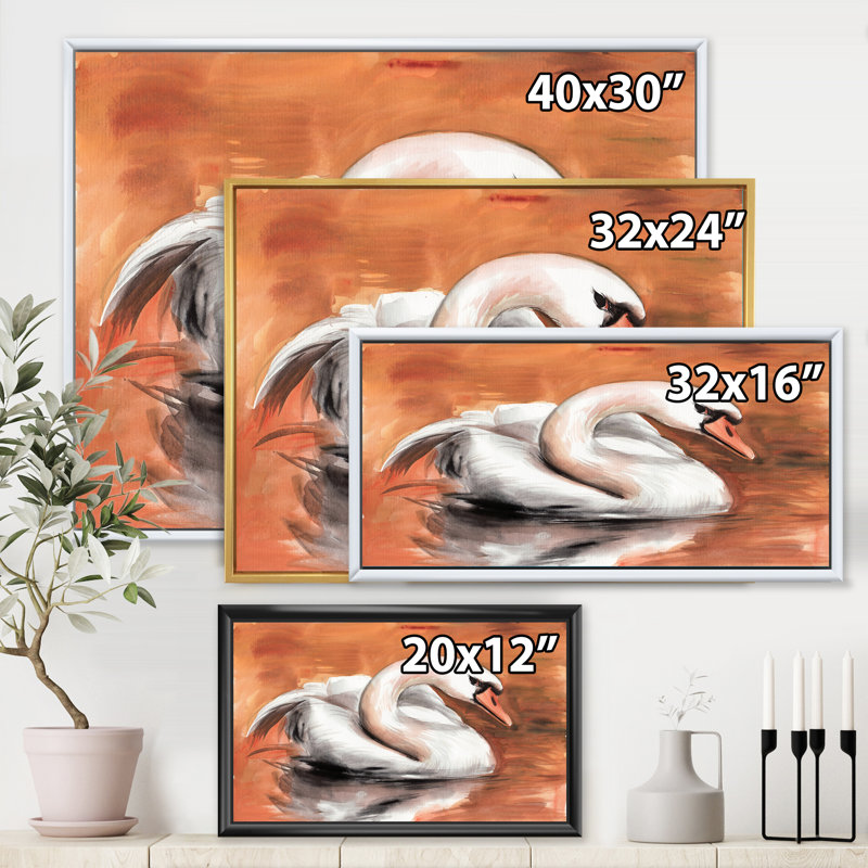 Cygne sur l'eau - reproduction sur toile, H 12 po x l 20 po x p 1 po, Toile avec cadre noir