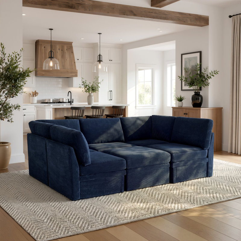 Canapé d'angle modulaire Serta® Brady 126,5 po, montage facile, confort des ressorts ensachés, pouf de rangement, tissu en velours côtelé, bleu marine