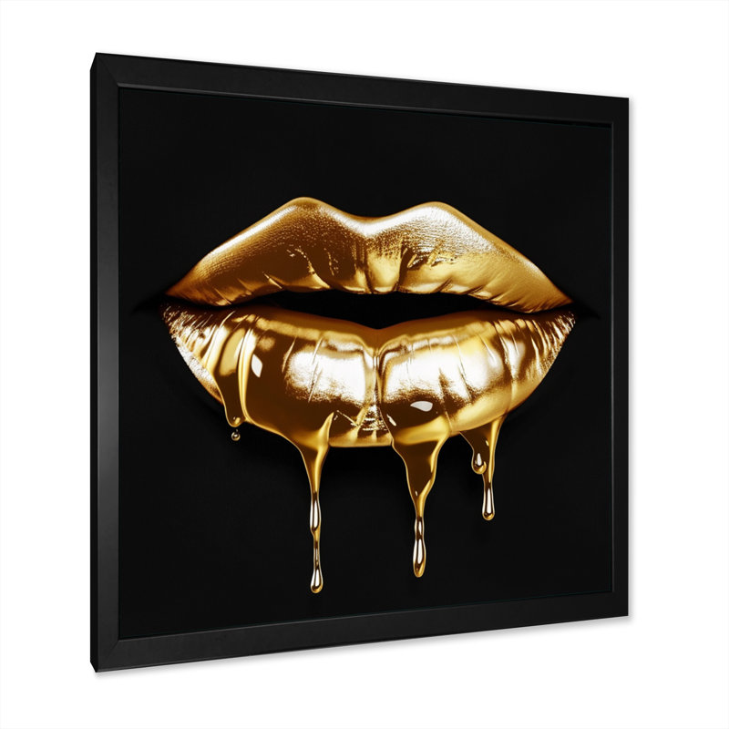 Gold Lips Of Luxury V - Art mural tendance pour le salon, Cadre photo noir, H 16 po x l 16 po x P 1 po