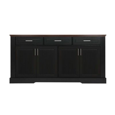 63" Fluted Sideboard Buffet Cabinet With Storage, Farmhouse Coffee Bar Station With 4 Doors And 3 Drawers, Wood Kitchen Storage Console Table For Living Room Dining Room Entryway, Black