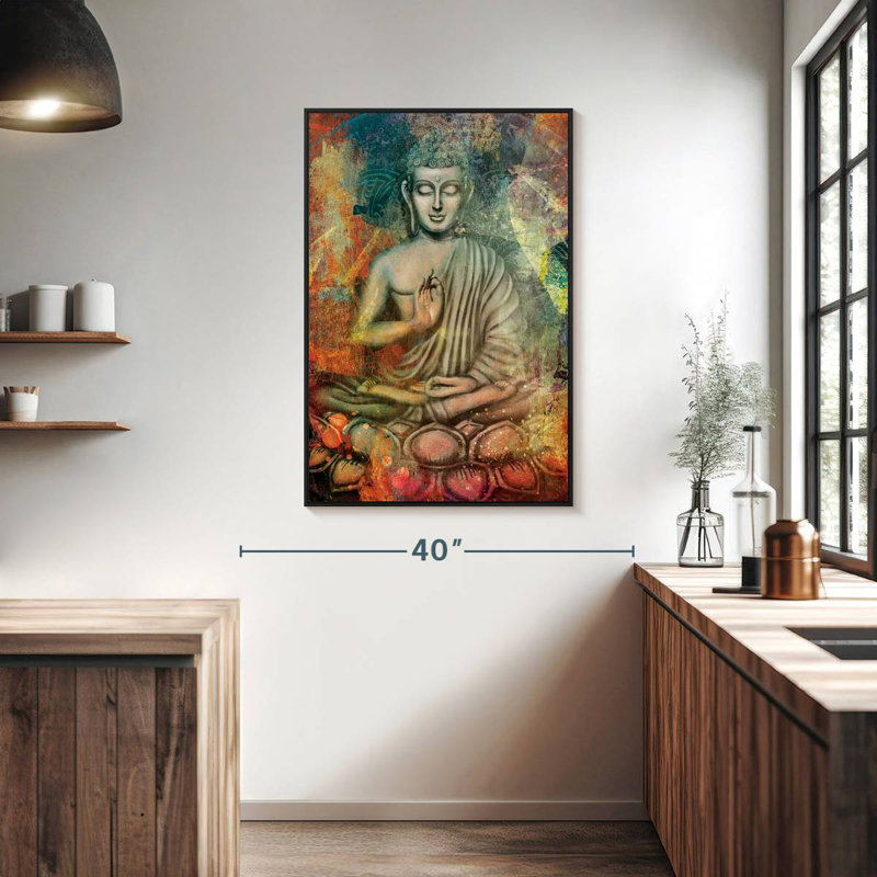 Bouddha assis en couleurs, Cadre flottant noir, 27 po x 40 po