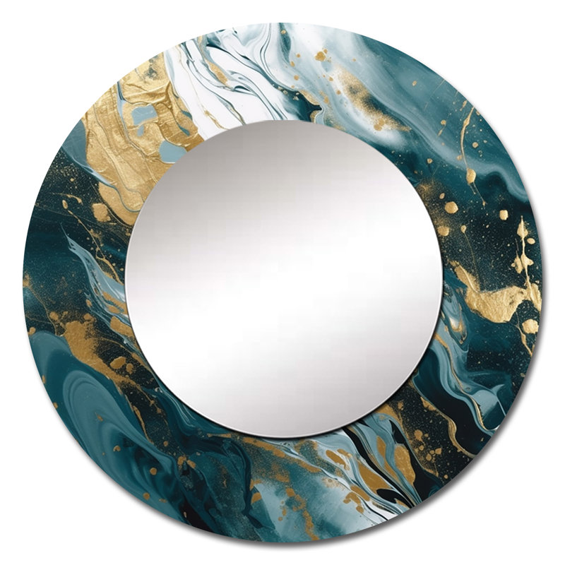 Bleu et or Serene Cascade - miroir abstrait, miroir mural décoratif moderne, impression d'art en métal, 29 po x 29 po, Rond