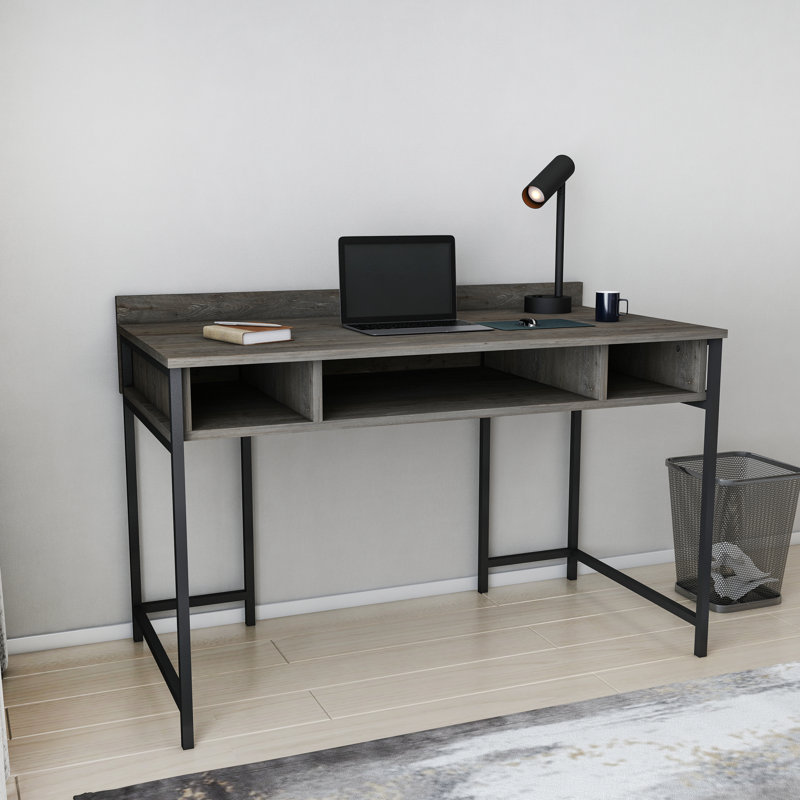Alma Desk Metal Base Writing Desk, Dark Gray Oak/Black