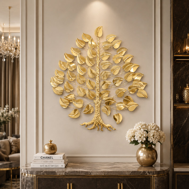 Grande sculpture murale en métal doré, arbre de vie moderne de 34 pouces, pour la maison ou le bureau