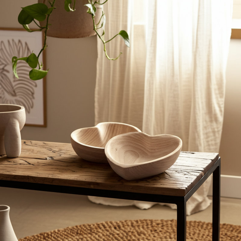 Bols décoratifs en bois en forme de cœur pour décoration intérieure moderne - Bols décoratifs élégants pour table basse, salon ou chambre à coucher - ensemble de 2, 10 po, 9 po