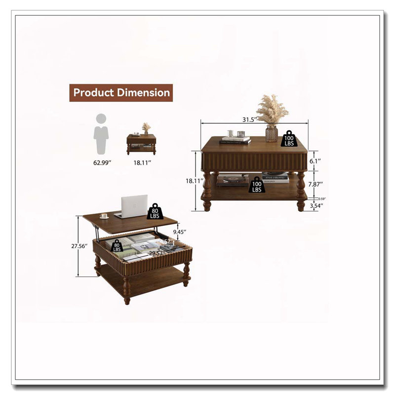 Square Fluted Lift-Top Coffee Table with Hidden & Open Storage, Walnut