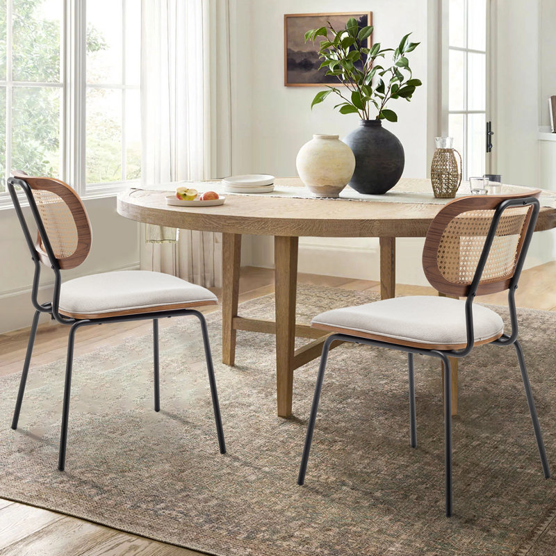 Chaise d'appoint moderne en lin avec dossier en rotin Sirine, Beige