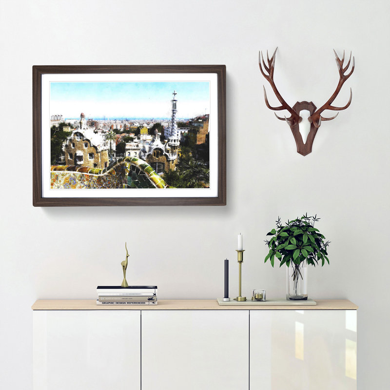 Parc Guell Gaudi in Barcelona Spain - Picture Frame Graphic Art Print, 62cm H x 87cm W x 2cm D, Walnut