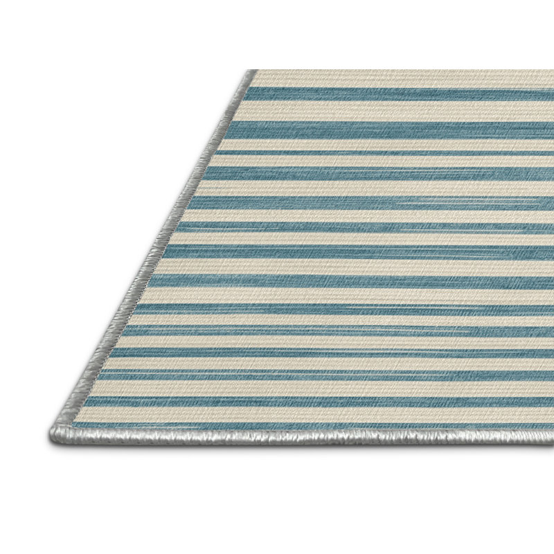 Washable Powder Blue White Striped Area Rug, Round 3'