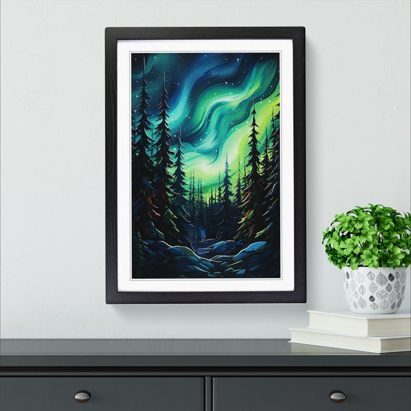 Northern Lights Abstract - Single Picture Frame Print on Wood, 64cm H x 46cm W x 2cm D, Black