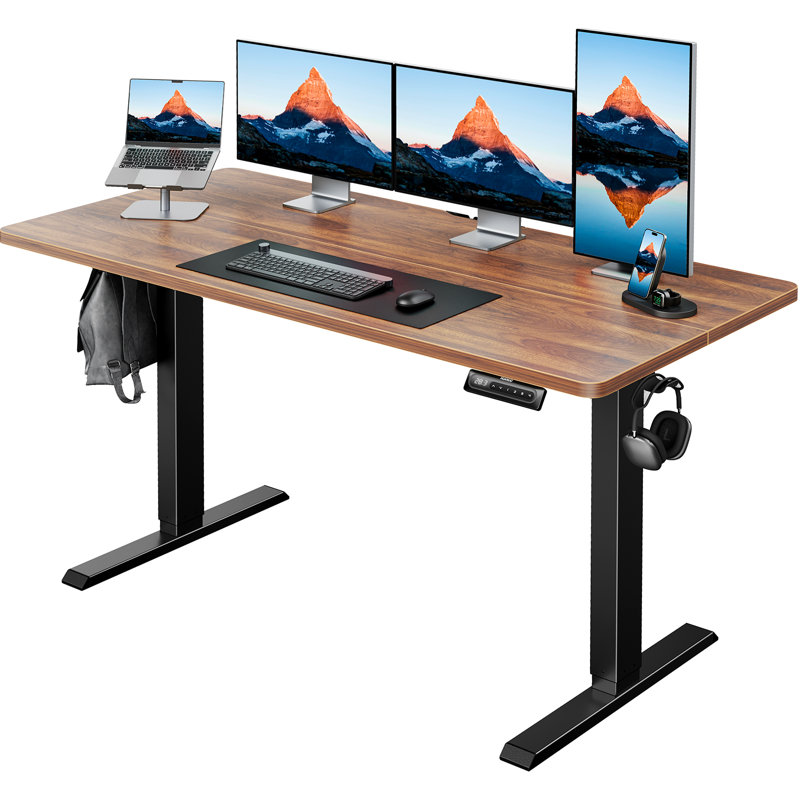 Bureau debout électrique à hauteur ajustable, L 63 po x P 28 po, Brun / Noir