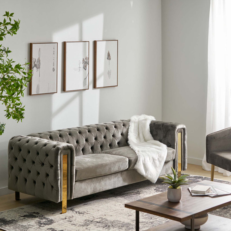 Canapé 3 places avec dossier et accoudoirs capitonnés, moderne pour la chambre à coucher du salon, Gris