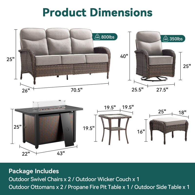 Himonia 10-Piece Outdoor Patio Furniture Set With Rectangle Metal Fire Pit Table, Rattan Wicker Swivel Gliders Set With 6" Thick Cushions