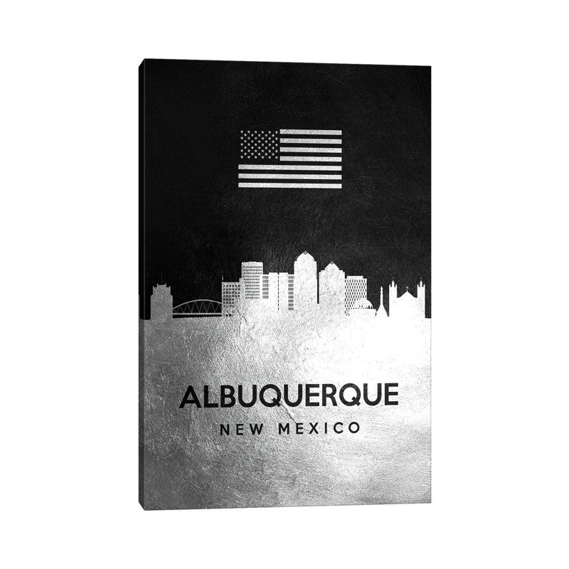 Albuquerque New Mexico Silver Skyline 1 Piece Wrapped Canvas Wall Art, 20.32 cm H x 30.48 cm W