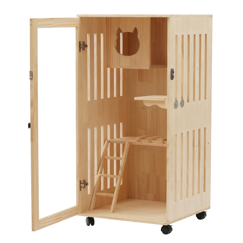 Grande maison de chat en bois pour l'extérieur avec patin à griffes, abri pour chat multifonctionnel sur roulettes pour chats multiples