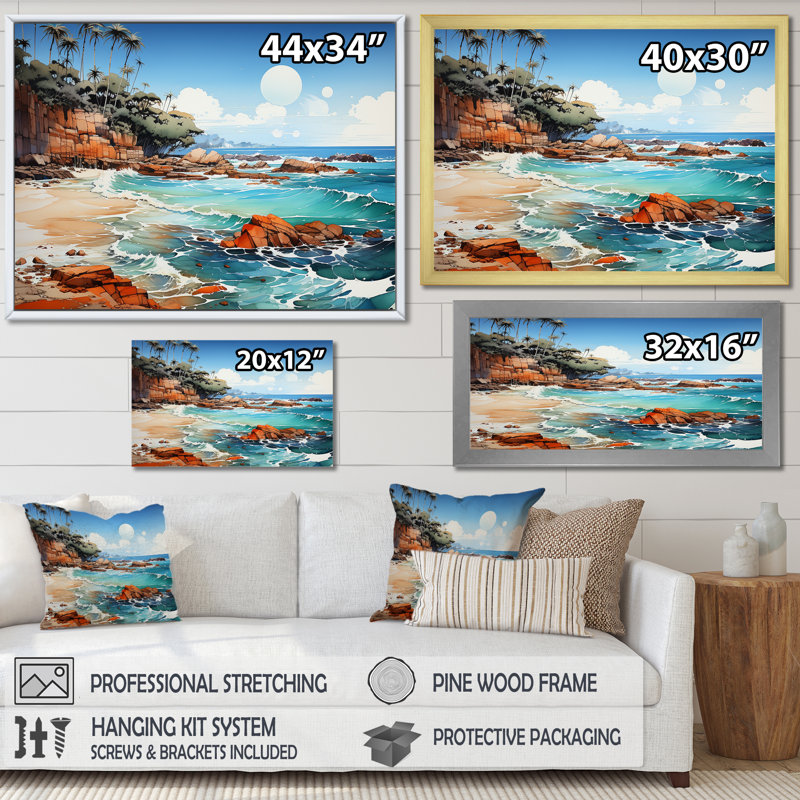 «Blue Beach Waves Fusion I», reproduction, Cadre flottant blanc, H 12 po x l 20 po x P 1 po