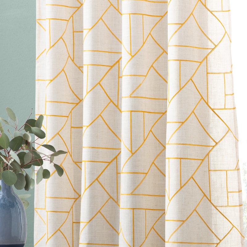 Burston Archaeo Capri Jigsaw Embroidery Linen Blend Semi-Sheer Rod Pocket Curtain Panel, 84" L x 50" W, Gold/Linen
