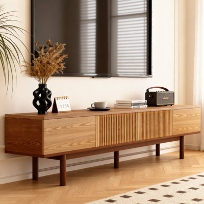 86.6" Solid Wood TV Stand with Push-to-Open Doors, Removable Shelves, Slatted Center Doors & Dual Cable Holes