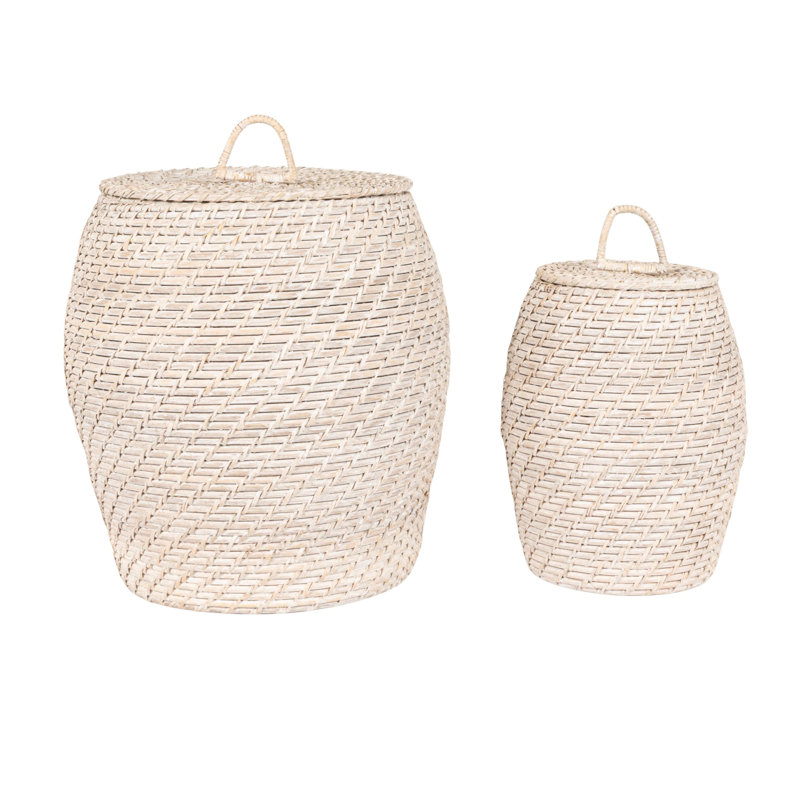 Decorative Hand-Woven Rattan Storage Baskets with Lids, White Washed