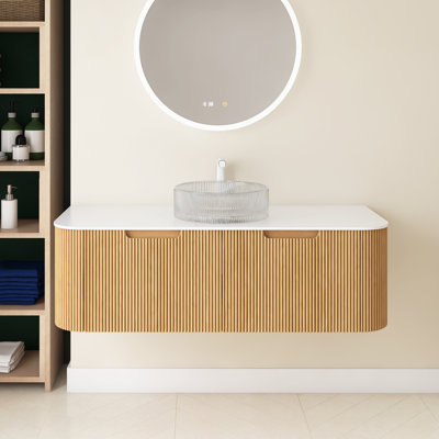 48" Bathroom Vanity With Sink, Wall-Mounted Floating Curved Edges Striped Storage Cabinet With 2 Drawers