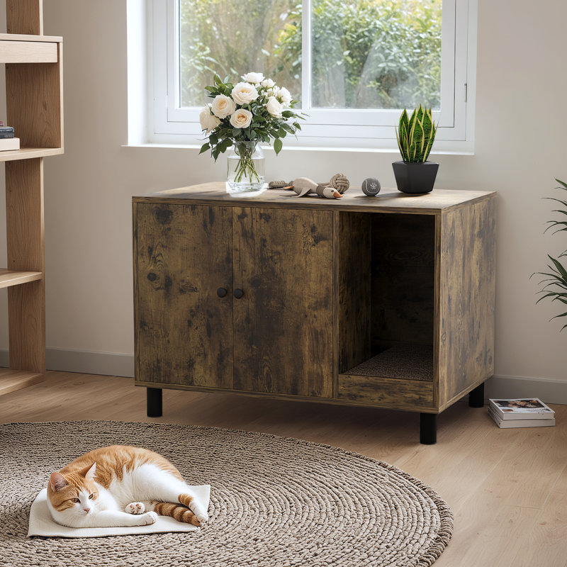 Enceinte de litière moderne pour chat avec planche à gratter, armoire de rangement cachée pour litière pour chat, Brun